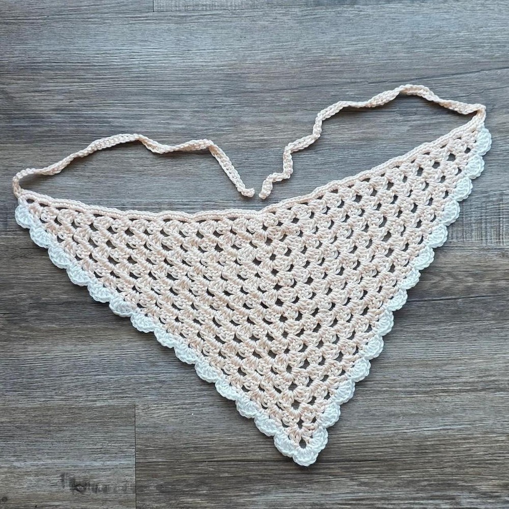 Handmade Crochet Granny Square Bandana Blush Pink Scalloped Edge Headscarf